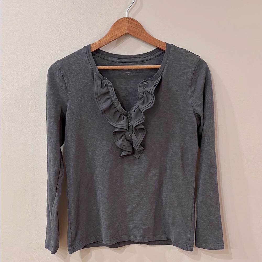 Ann Taylor LOFT Gray Ruffled v-neck tee with Long Sleeves